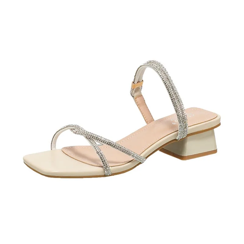 

Rhinestone High heel sandals women 2021 summer shoes woman Square heel Students Buckle Strap Office shoes female Gladiator Mujer