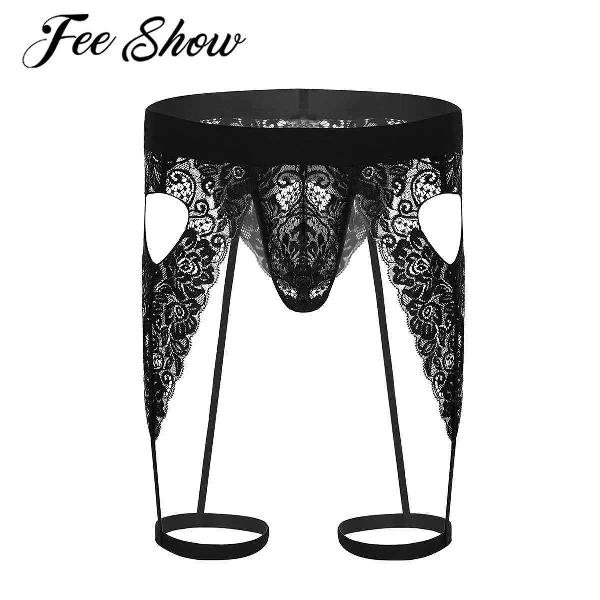 

Men Transparent Panties Lace G-string Thong Underpants Lingerie Open Butt Hollow Out Pouch Bikini Underwear & Leg Garter Band