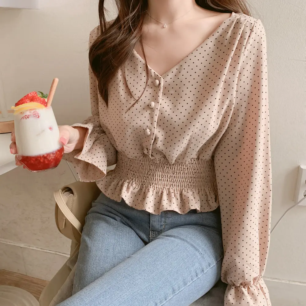

Vintage V-neck Flare Sleeve Polka Dot Women Blouse Shirts Elegant Front Buttons Slim Waist Ruffles Female Blouse