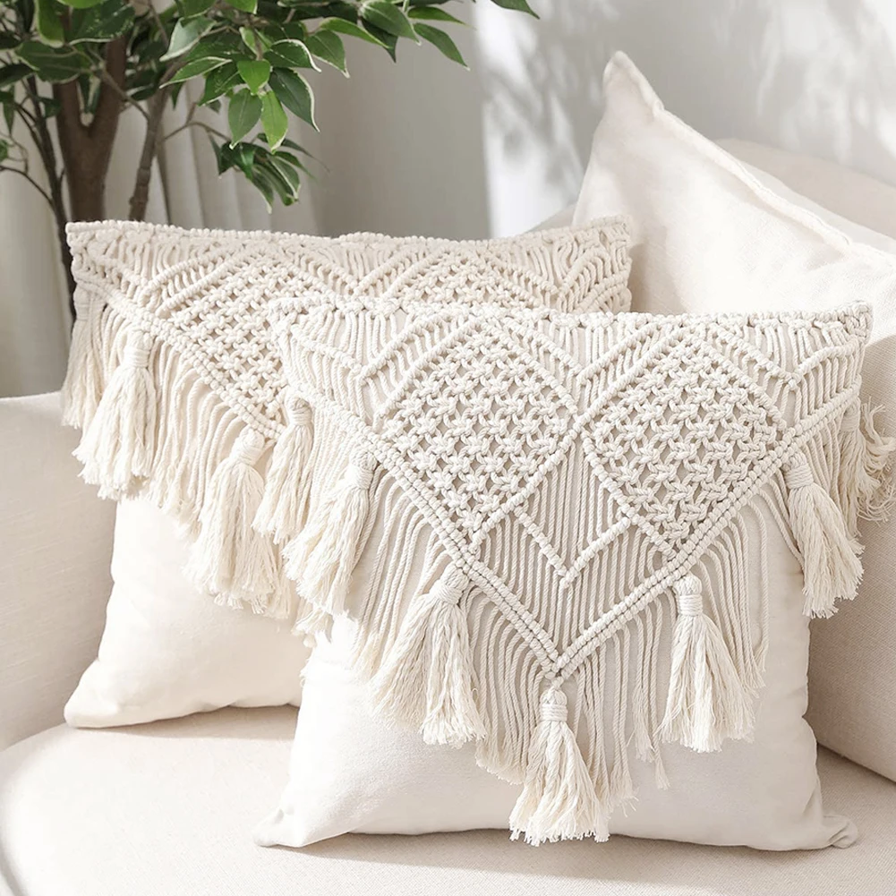 

Cushion Cover Square Pillow Cases Covers 100% Cotton With Woven Tassels Decorative Pillowcase For Bed Sofa Couch Bench 45x45cm