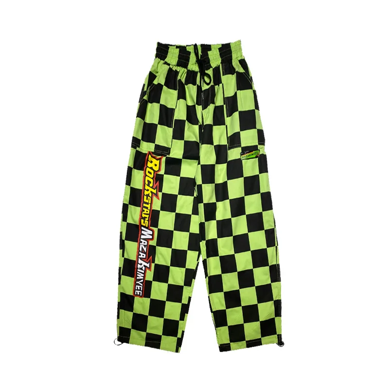 Street hip-hop Harajuku Retro checkerboard handsome loose BF large-size wide-legged overalls spring women men pant trousers | Женская