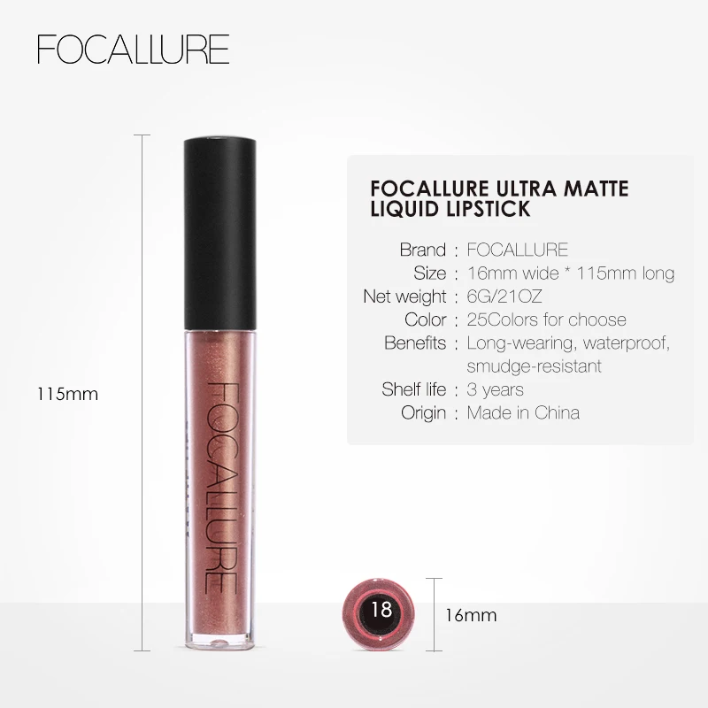 Жидкий блеск для губ FOCALLURE Matte водостойкая Косметическая палочка 12 цветов