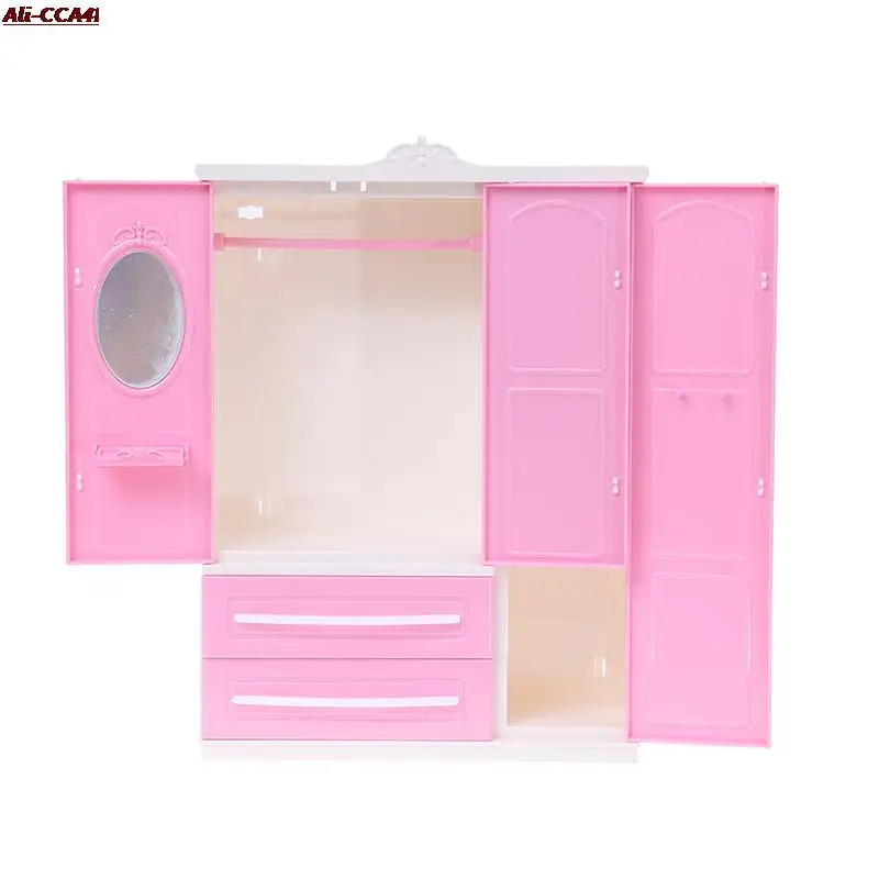 

Three-door Pink Modern Wardrobe for Dolls Furniture Clothes Accessories Toys for Girls Baby Toy