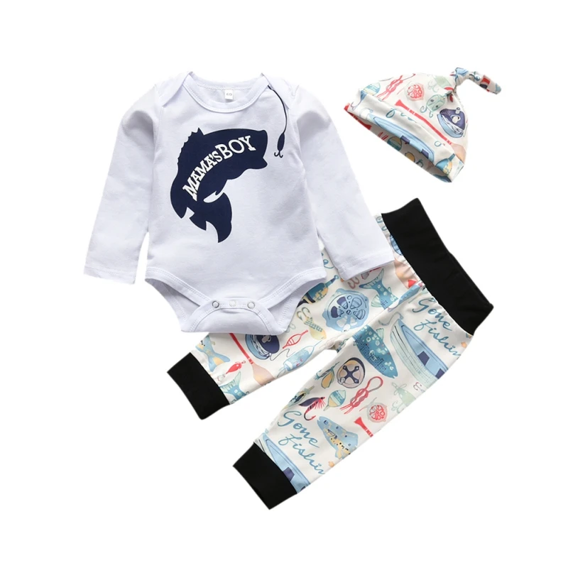 

Костюм для новорожденных мальчиков с длинным рукавом и буквенным принтом, пуловер, брюки, шапка, белая одежда для малышей, комплект из 3 пред...