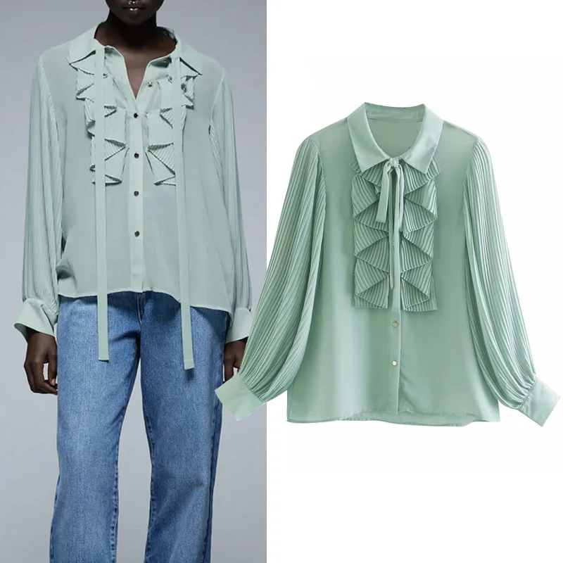 

Za Top Women Blouses Green Chiffon Ruffle Blouse Woman 2020 Autumn Fashion Lapel Collar Bow Tied Pleated Long Sleeve Shirts