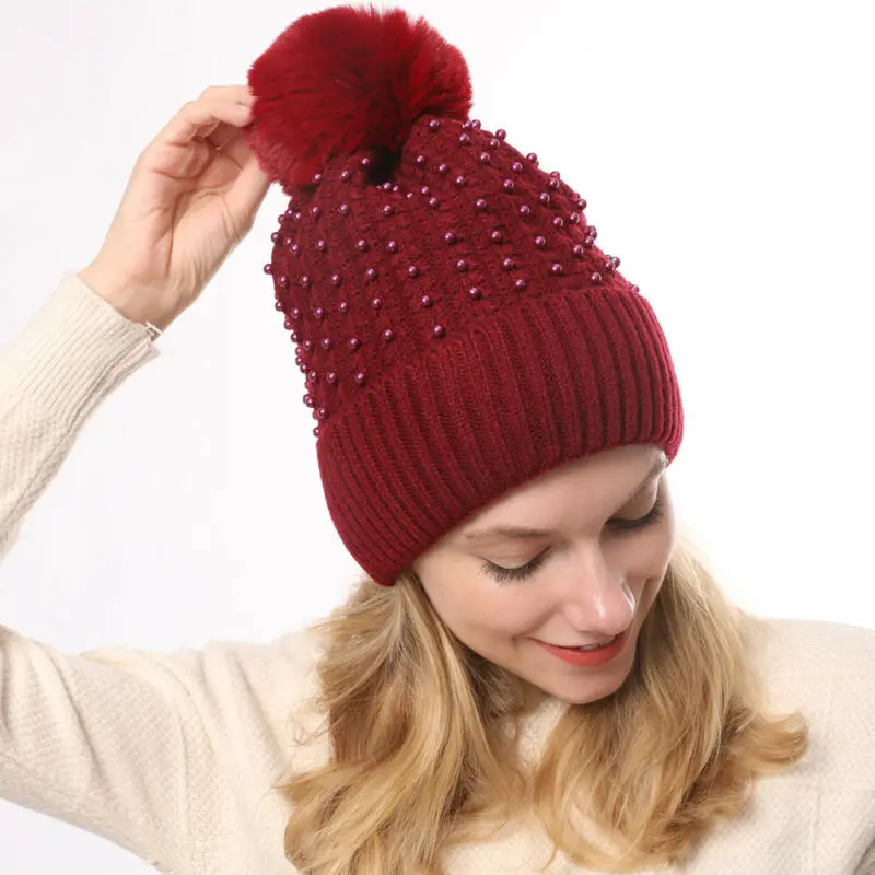 Зимняя шерстяная вязаная шапка Модная с жемчугом Женская облегающая для девочек