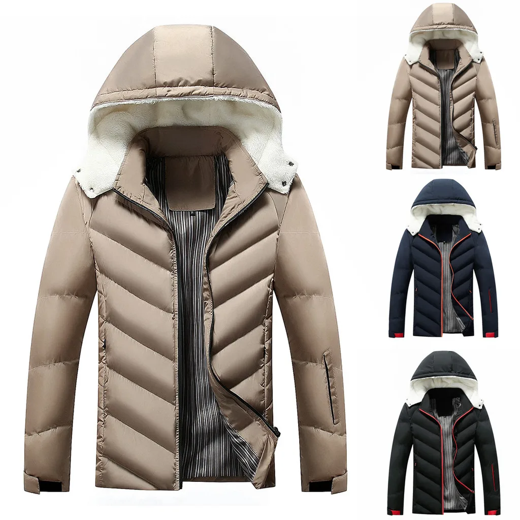 

Vogue Winter Jacket Men Solid Color Thick Warm Zipper Parka Coat Male Mountain Jacket Pockets Hooded Windbreaker Jacket