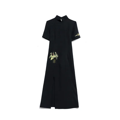 

2021 Spring Fashion Chinese Style Modified Cheongsam Female Dresses Split Black Retro Sexy Women Midi Dress Vestidos Elegantes