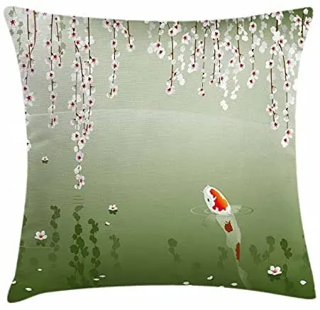 

Pooizsdzzz Koi Fish Throw Pillow Cushion Cover, Japanese Koi Fish Painting YLE Hanging Cherry Flowers Floating Leaves Decorative
