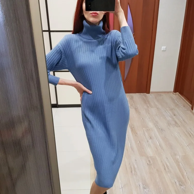 

Women Pullover Sweater Dress Bottoming Shirt Winter Warm Thickening OutWear Mid-length High Neck Female Elegant Knitted Dress