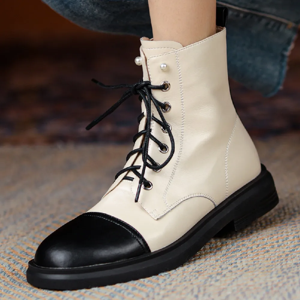 

Women's genuine leather mix color patchwork lace-up flats autumn ankle boots beading decoration casual punk short martin boots