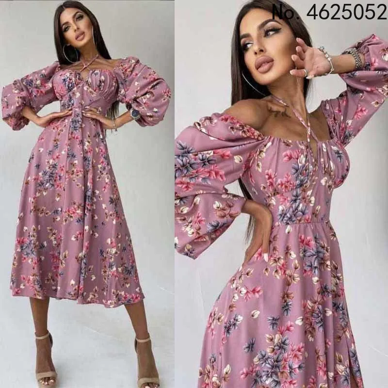 

Платье женское длинное с цветочным принтом и высоким разрезом