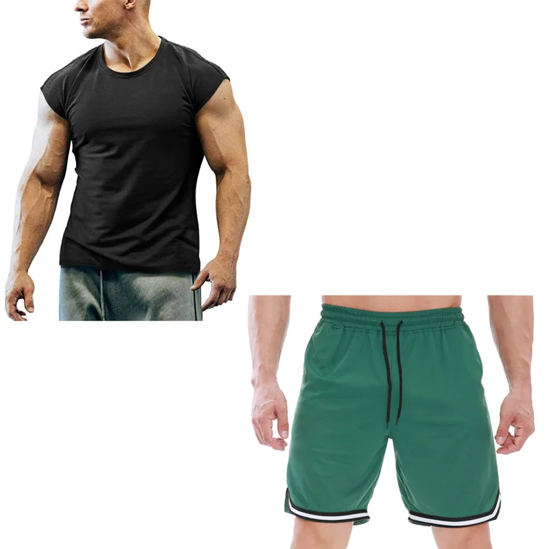 

2021men's summer leisure sports suit men's solid sleeveless T-shirt fitness suit + jogging and quick drying shorts two piece se