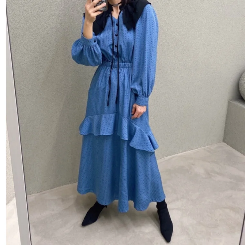

Korean Chic Elegant Peter Pan Collar Dots Print Spring Autumn Women Dress Fashion Casual Long Sleeve Female Dress Vestidos Mujer