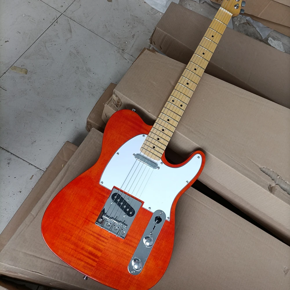 

Бесплатная доставка, 6 струн, оранжевая электрическая гитара с кленовым грифом, Пламенный кленовый шпон