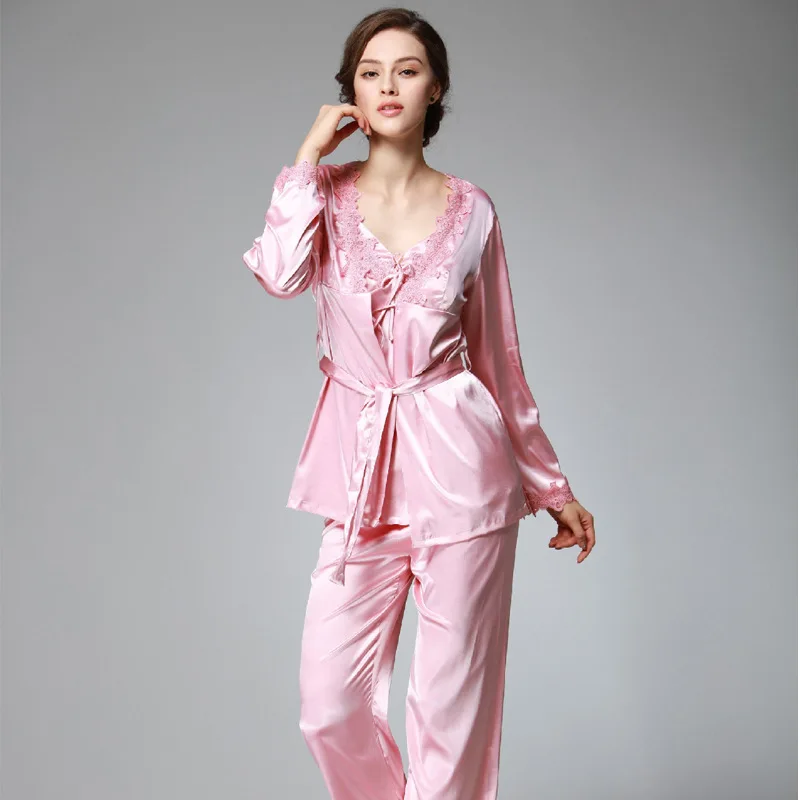 

Silk Ice Silk Women's Pajamas Sets Spring Sling Robe Long Pants Three Piece Suit Large Size Household Sleep Tops Sleepwear