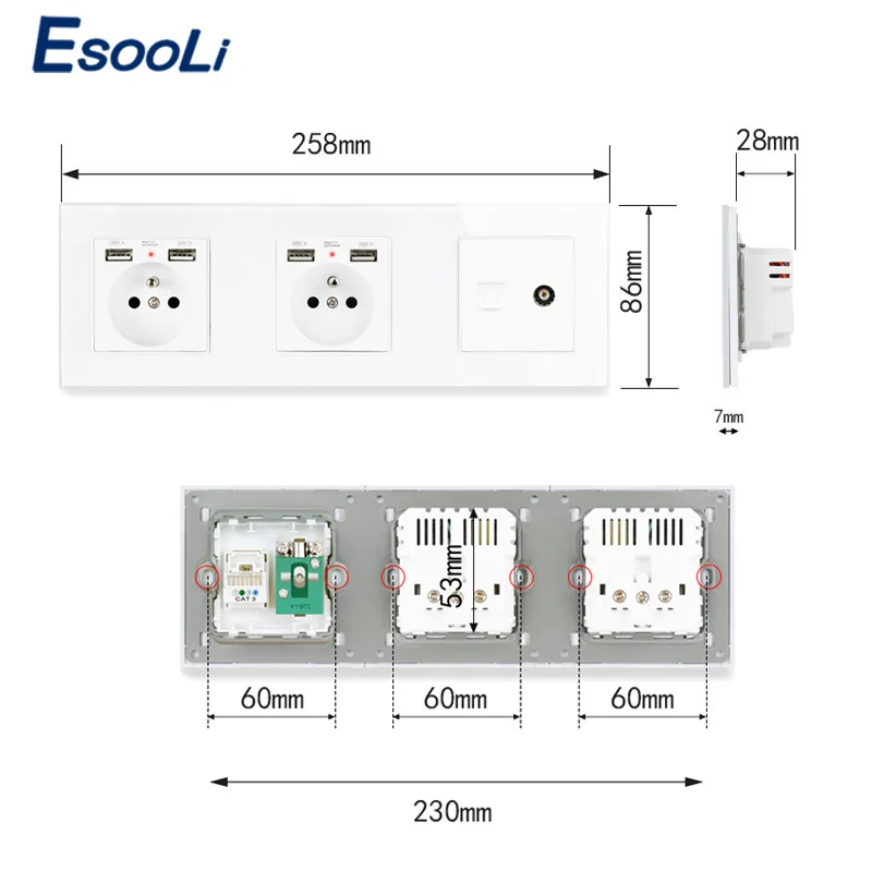 Двойная французская стандартная розетка со стеклянной панелью ESOOLI с 4 USB портами