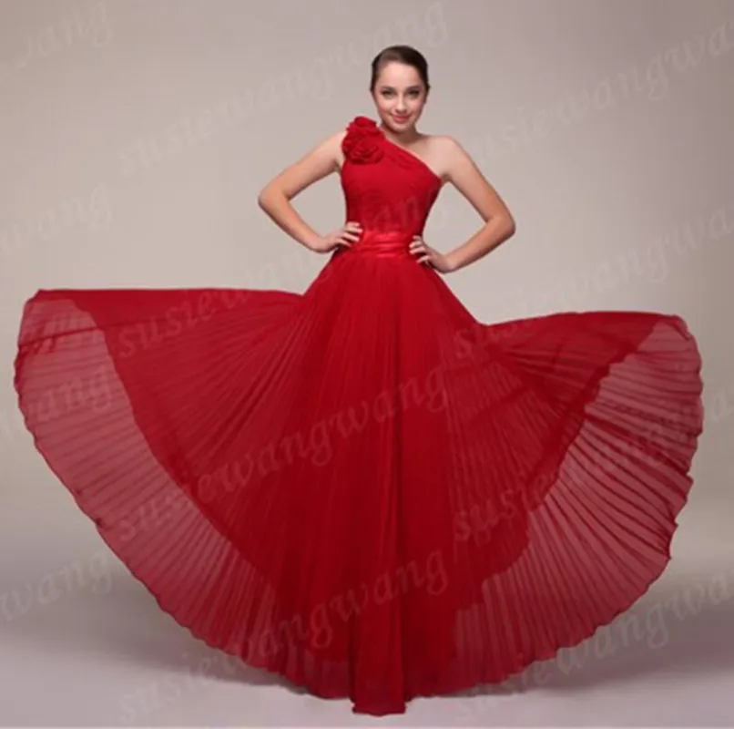 

New Stock Clear Chffon A line One shoulder Pleated Flowers Bridesmaid Dresses Wedding Party Formal Prom Size 4 6 8 10 12 14 16