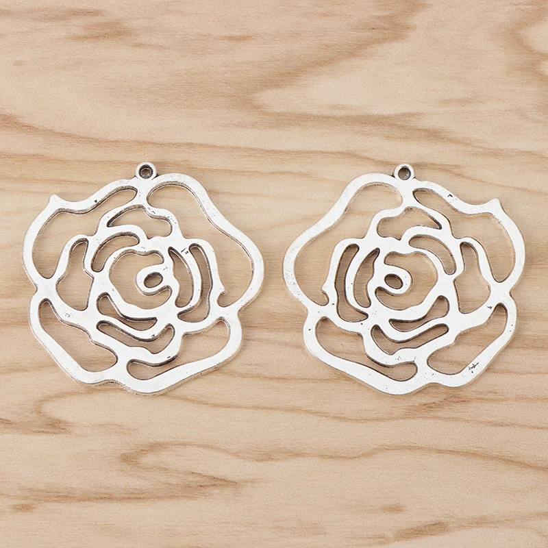 

5 Pieces Tibetan Silver Hollow Rose Flower Charms Pendants for Necklace Jewellery Making Findings Accessories 48x47mm