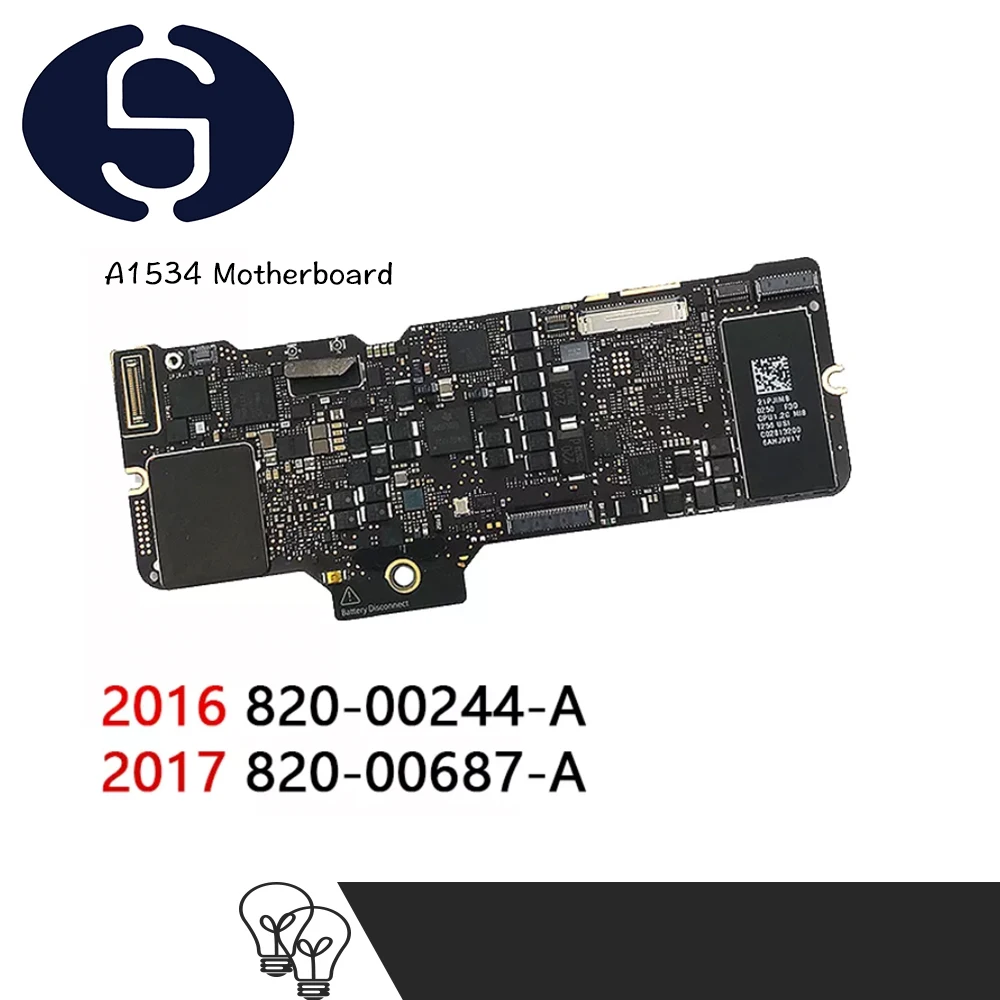 

Motherboard for Macbook 12" A1534 1.2ghz 8gb 256GB SSD logic board 820-00244-A 2016 820-00687-B 2017