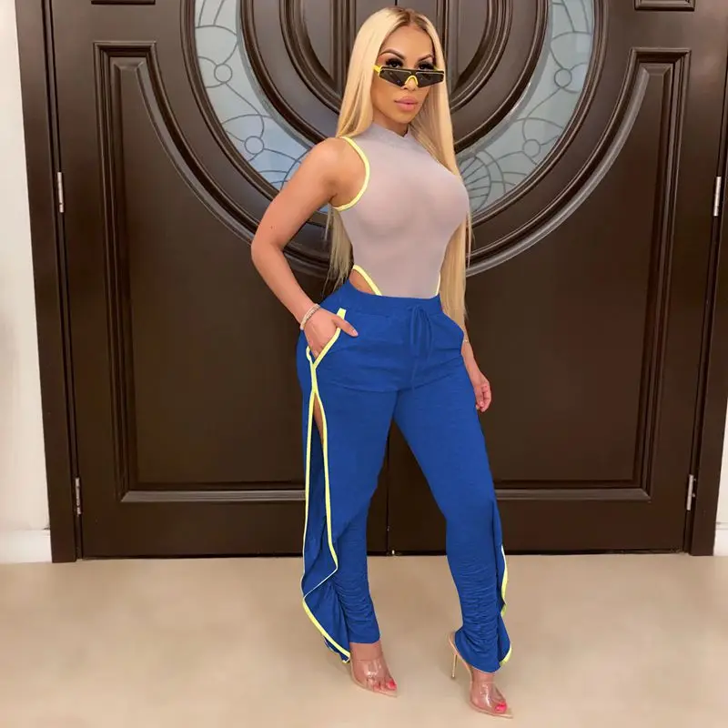 

Женские цветные брюки с разрезом сбоку, эластичные летние повседневные леггинсы, штаны с рюшами