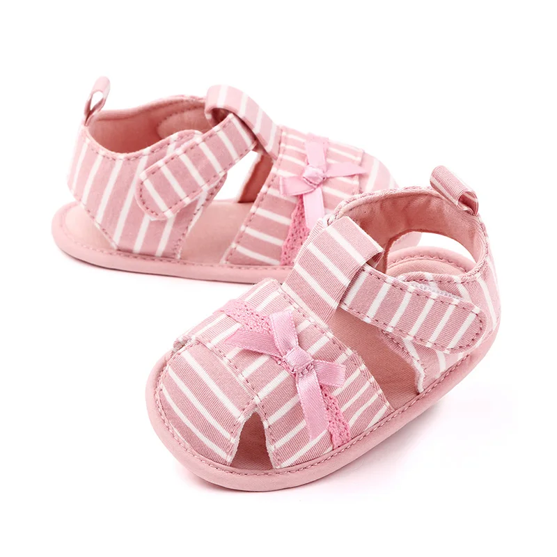 

2020 Toddler Summer Sandals Newborn Infant Baby Girl Soft Crib Shoes Infants Anti-slip Sneaker Striped Bow Princess Shoe