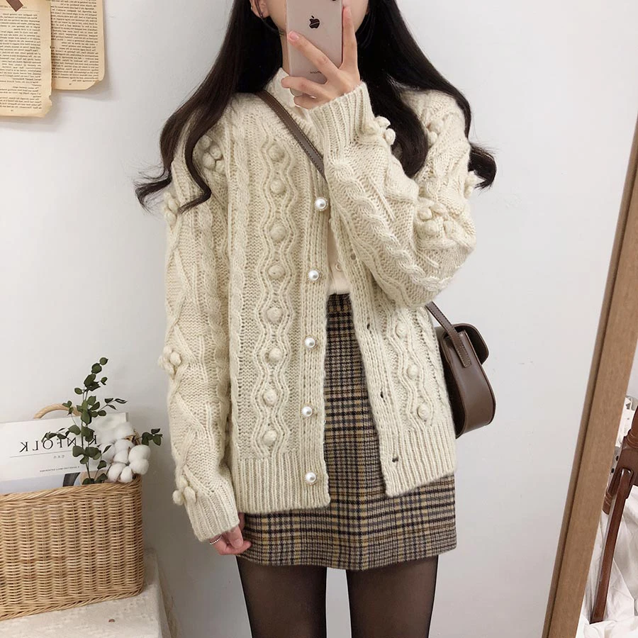 2020 spring and autumn preppy style solid color vintage loose thick sweater womens knitted cardigans sweaters (C8572) |