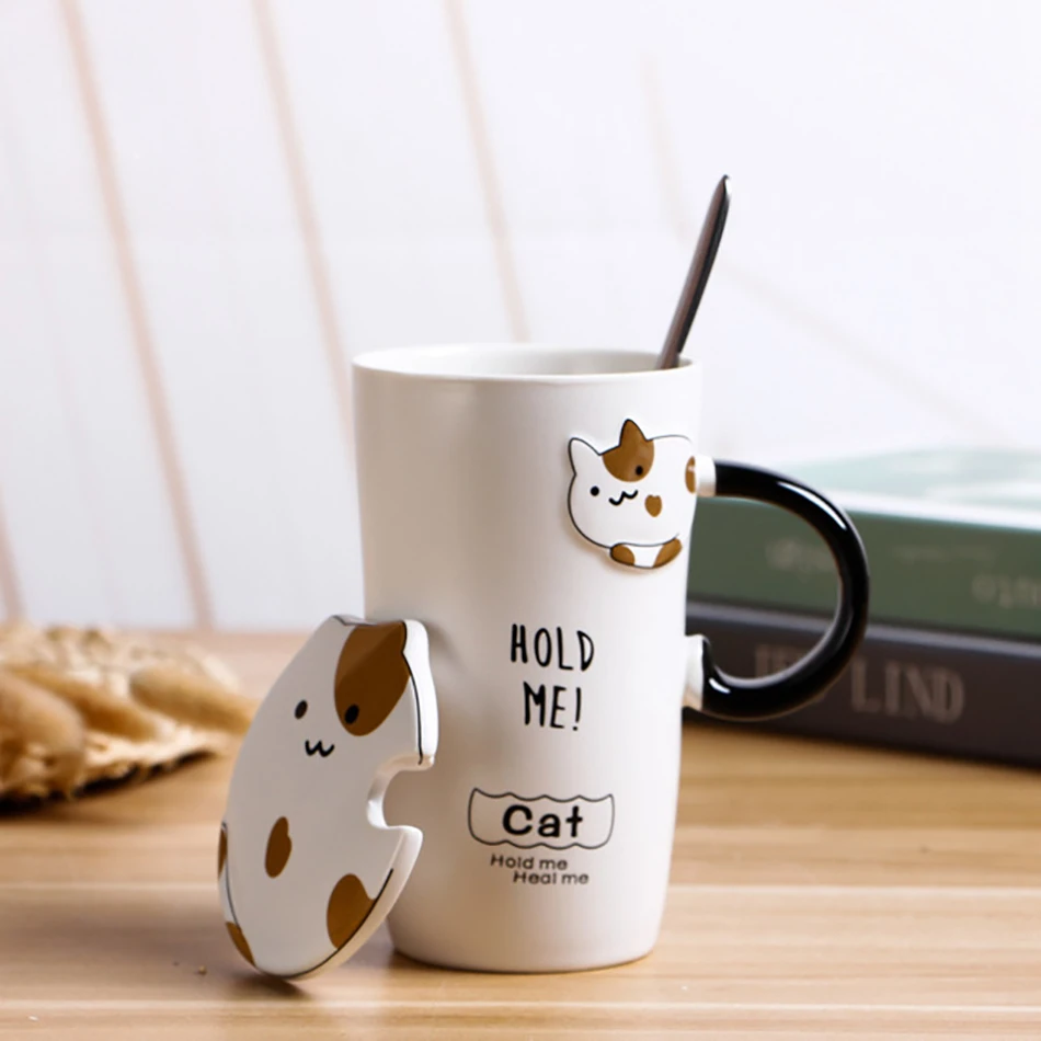 3D Симпатичные Emboss кошка чашки для кофе керамические фарфоровые стакан Термос бутылка с Ложка Крышка Офис школа мультфильм кружки с рисунками кошек - Цвет: 1