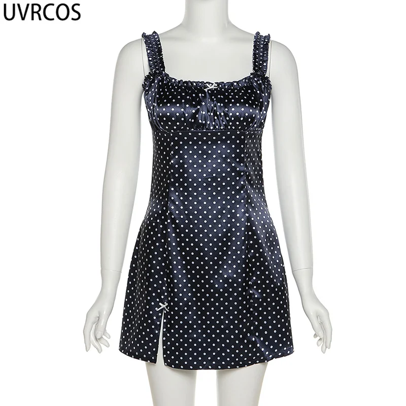 

UVRCOS Dresses For Women 2021 Summer Dot Printed Bow Square Neck Side Slit Slim Tank Dress Club Night Club Outfits Free Shipping