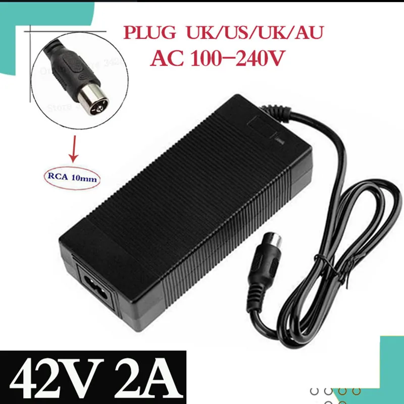 Bateria de Lítio Carregador Plug Lotus Conector Saída 42v 2a Bicicleta Elétrica Powerboard Carga Scooter 36v Rca 10mm