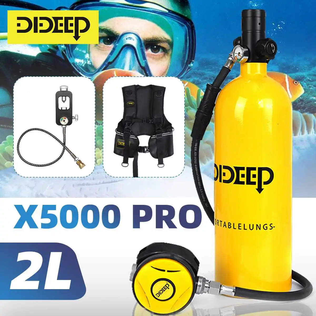 

DIDEEP 2L Scuba Diving Tank Vest bag Adapter Mini Oxygen Cylinder Set Respirator Air Tank Snorkeling Diving Equipment X5000 Pro
