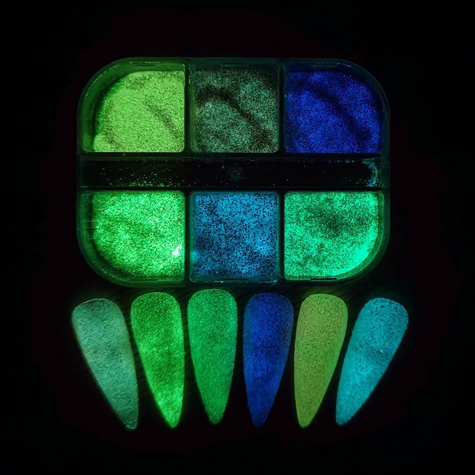 Синий Фиолетовый Блестящий Порошок для ногтей светящийся в темноте летнее