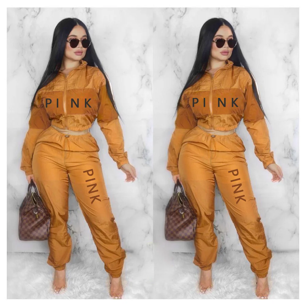 color patchwork fashion streetwear womens set pink printed tracksuit casual 2pcs outfits zip coat drawstring pants matching set free global shipping