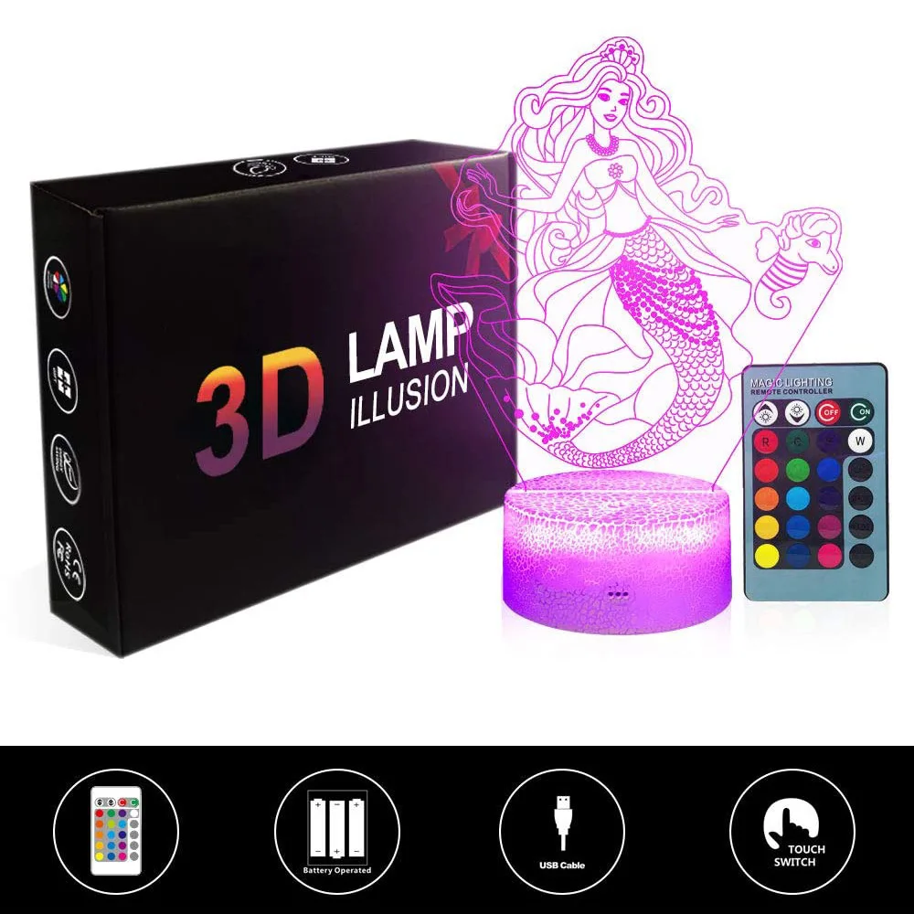 3D светодиодные ночные светильники принцессы русалки 16 цветов меняющие спальные