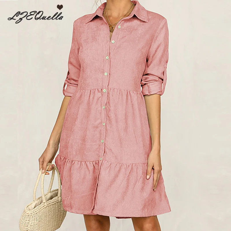 Женское платье рубашка с коротким рукавом элегантное однотонное ТРАПЕЦИЕВИДНОЕ