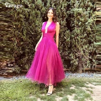 verngo fushcia pleated tulle a line evening dresses deep v neck simple prom gowns ankle length formal party dresses plus size