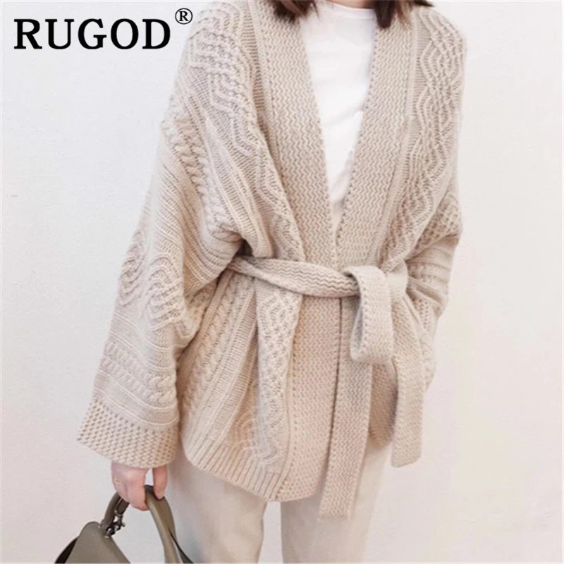 RUGOD Auturm vintage solid knitted cardigan sweater women Korean batwing sleeve lace up ladies coat 2019 winter clothes |
