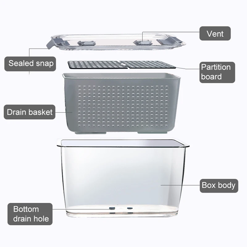 

Kitchen Plastic Storage Box Fresh-Keeping Box Refrigerator Fruit Vegetable Drain Crisper Kitchen Storage Containers With Lid