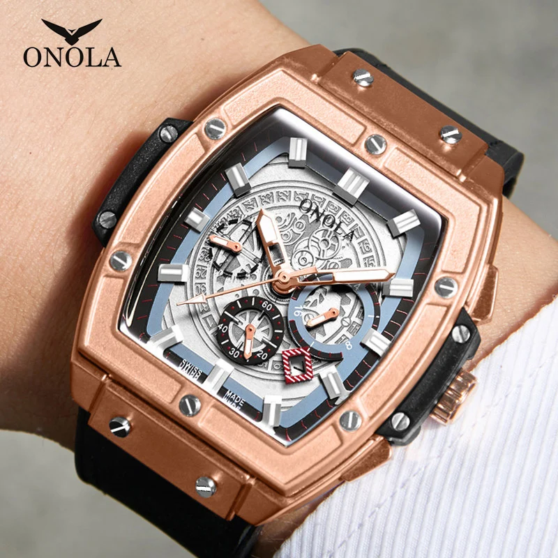 ONOLA tonneau квадратные большие кварцевые часы мужские часы с хронографом модные повседневные стильные роскошные мужские часы relogio masculino