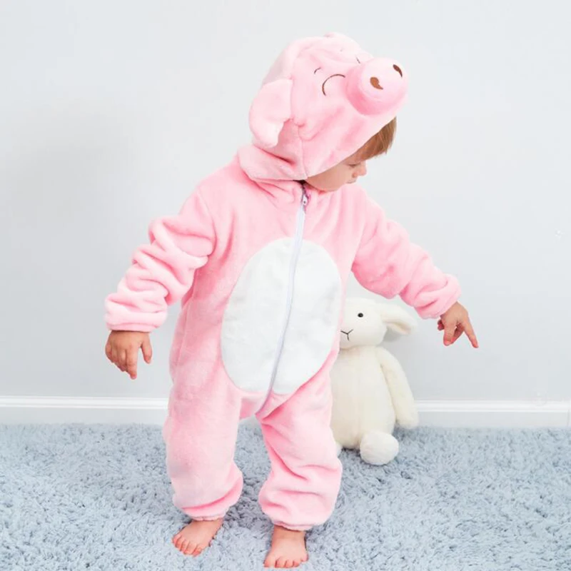 

New Cute Kids Babe Pink Pig Animal Rompers Newborn Baby Clothing For Girl Winter Flannel Ropa Bebe Bodysuit Costume For Newborns