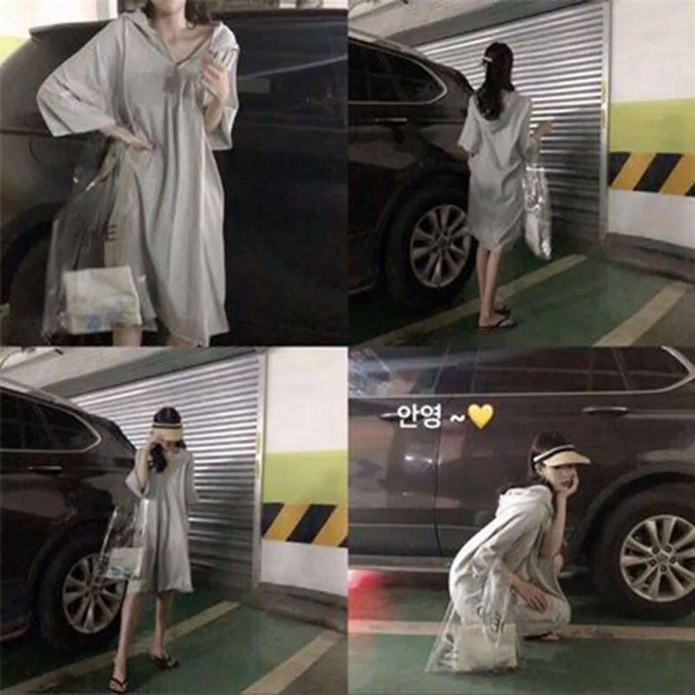 

Japan Style Casual Summer Dress Korean Fashion Loose Simple With Hood Thin Solid Color V-neck Summer 2021