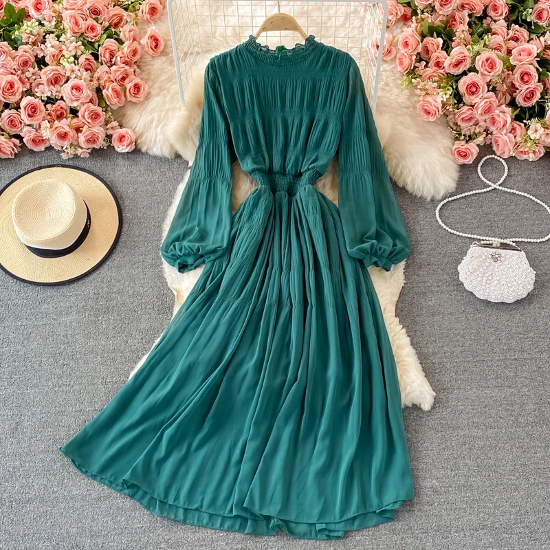 

Женское длинное шифоновое платье, зеленое/фиолетовое/желтое платье-трапеция с длинным рукавом и высокой талией, праздничное платье макси для осени, 2021