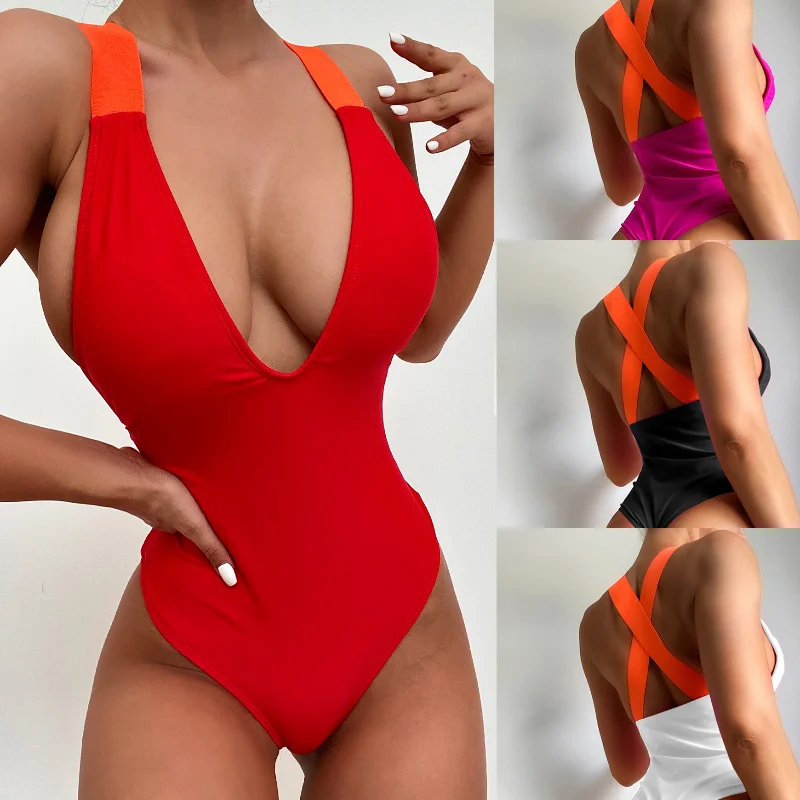 

2021 Sexy One Piece Swimsuit Women Solid Backless Swimwear Push Up Monokini Deep V Bra Bikini Female Beach Triangle Bathing Suit