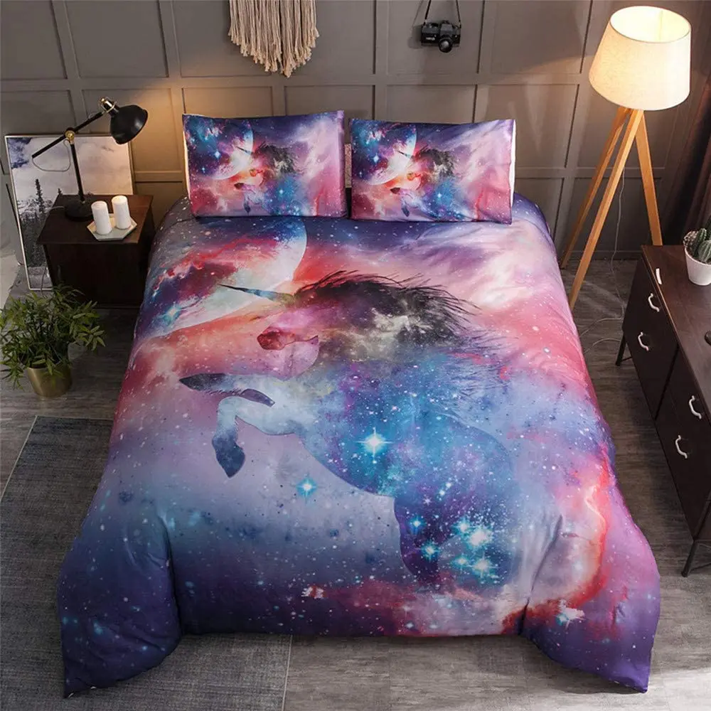 

ZHH Fantasy Unicorn Duvet Cover 2Pcs Twin Size Galaxy Bedding Set Psychedelic Space Pattern Kids Quilt Cover