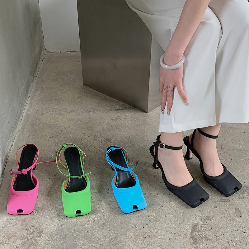 

Fashion Women Sandals Square Toe Black/Blue/Green/Rose Thin High Heels Ankle Strap Party Pumps Dress Shoes Woman Sexy Sandals
