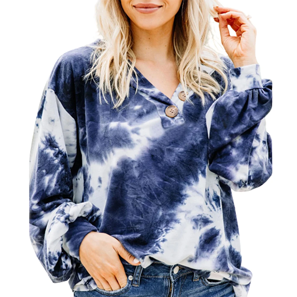 

hoodies women Fashion Buttons V Neck Long Sleeve Tie Dye Sweatshirt Blouse Pullover sweatshirt