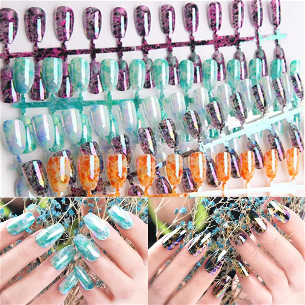 24 накладных ногтей стилетто в коробке, хромированные кончики ногтей, металлические ложные искусства, маникюр в зеркальном стиле.