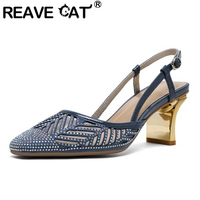 

REAVE CAT 2021 New Kid Suede Pumps Cut Outs Rhinestone Square Toe Back Strap Slingbacks 7cm Strange Heel US11 Blue Apricot A4308