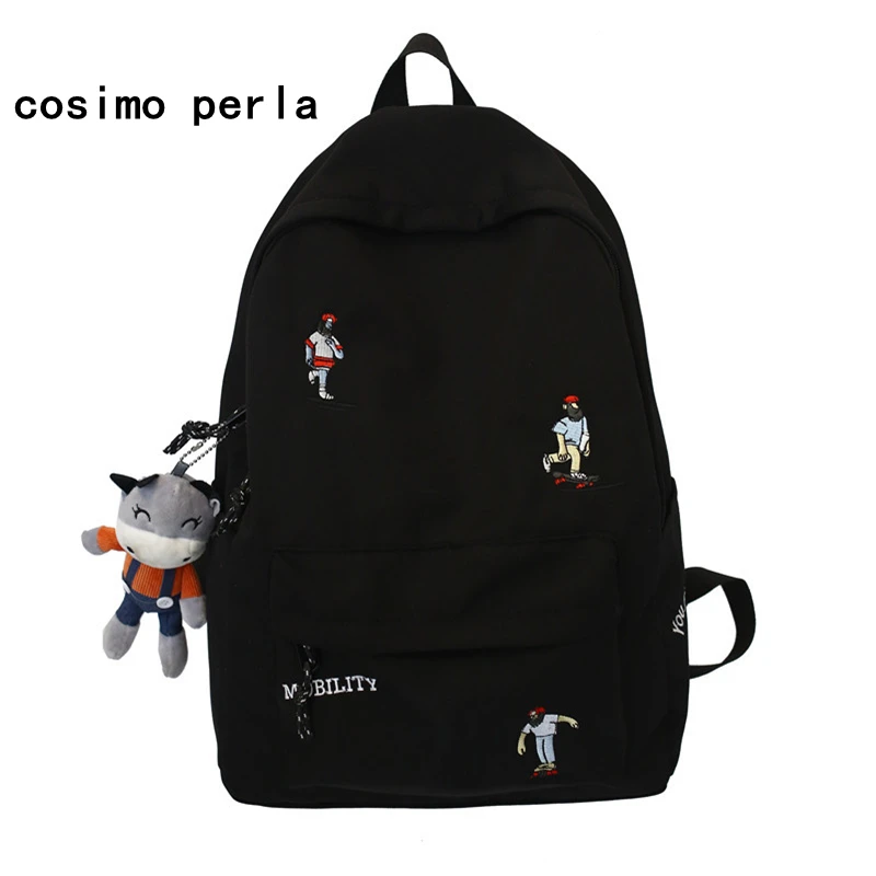 

INS Embroidery Nylon Backpacks for Teenage Girls Boys Preppy Style Skateboarder Pattern Designer Schoolbags with Cattle Pendent