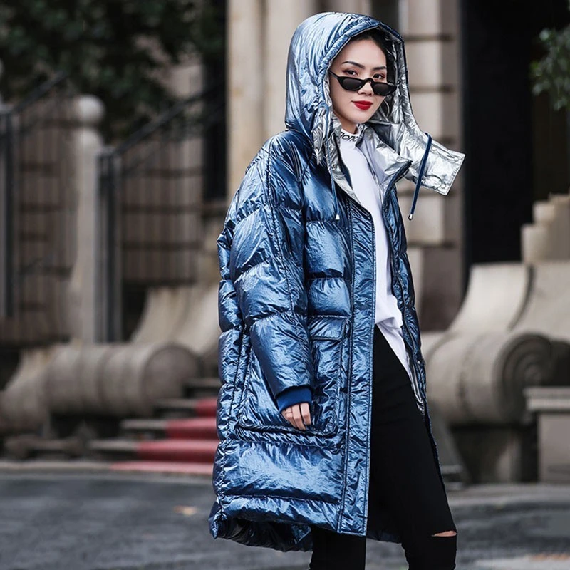 

ZURICHOUSE Winter Coat Woman Long Puffer Jacket 2021 Loose Fit Fashion Glossy Warm Hooded Down Padded Parka Jacket